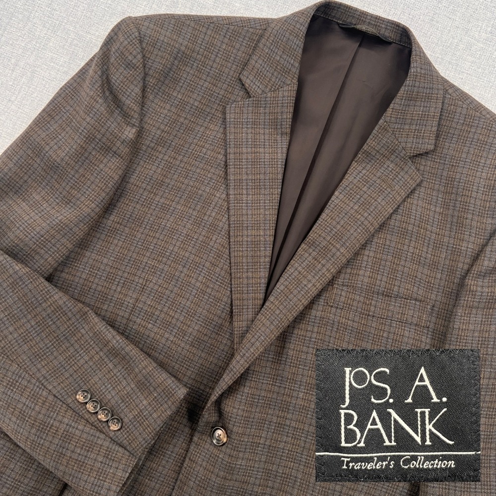 Jos A Bank Wool Sport Coat Windowpane Plaid Blazer Men 46R Brown Tailored Ivy